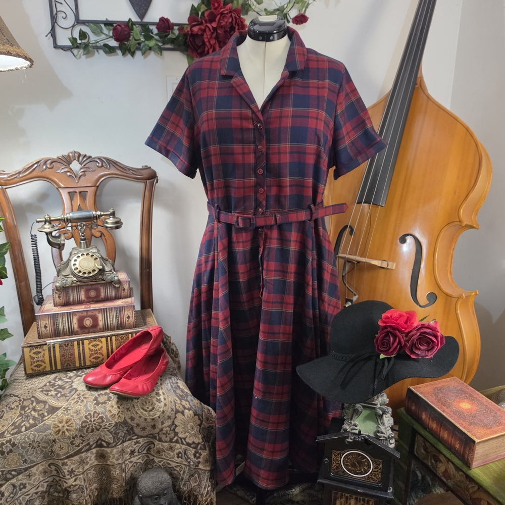 Collectif Vintage-Inspired Red & Navy Plaid Shirtwaist Dress - Picture 2 of 3